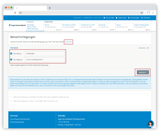 Benachrichtungen E-Mail und Mobiltelefonnummer hinterlegen