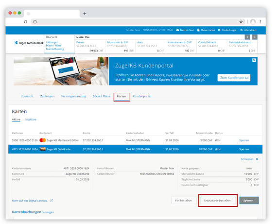 Ersatzkarte bestellen im E-Banking