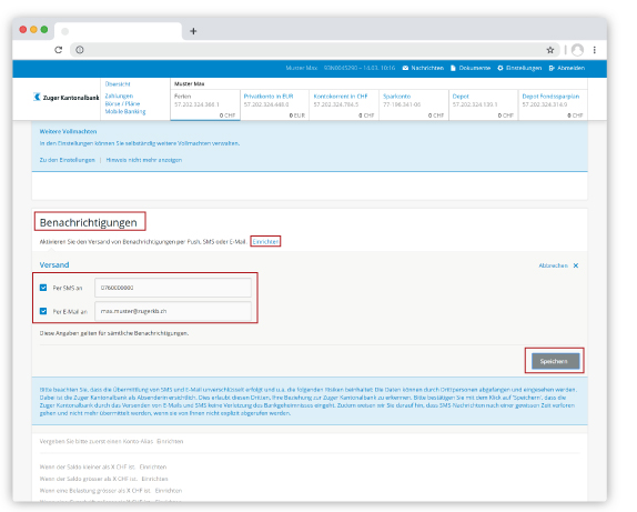 E-Banking Kontobenachrichtigungen Kontaktdaten