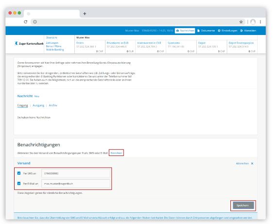 E-Banking Mailbenachrichtigungen Kontaktdaten