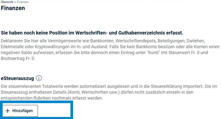Screenshot eSteuerauszug hinzufügen