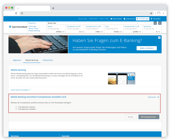 Mobile Banking Transaktionen einstellen