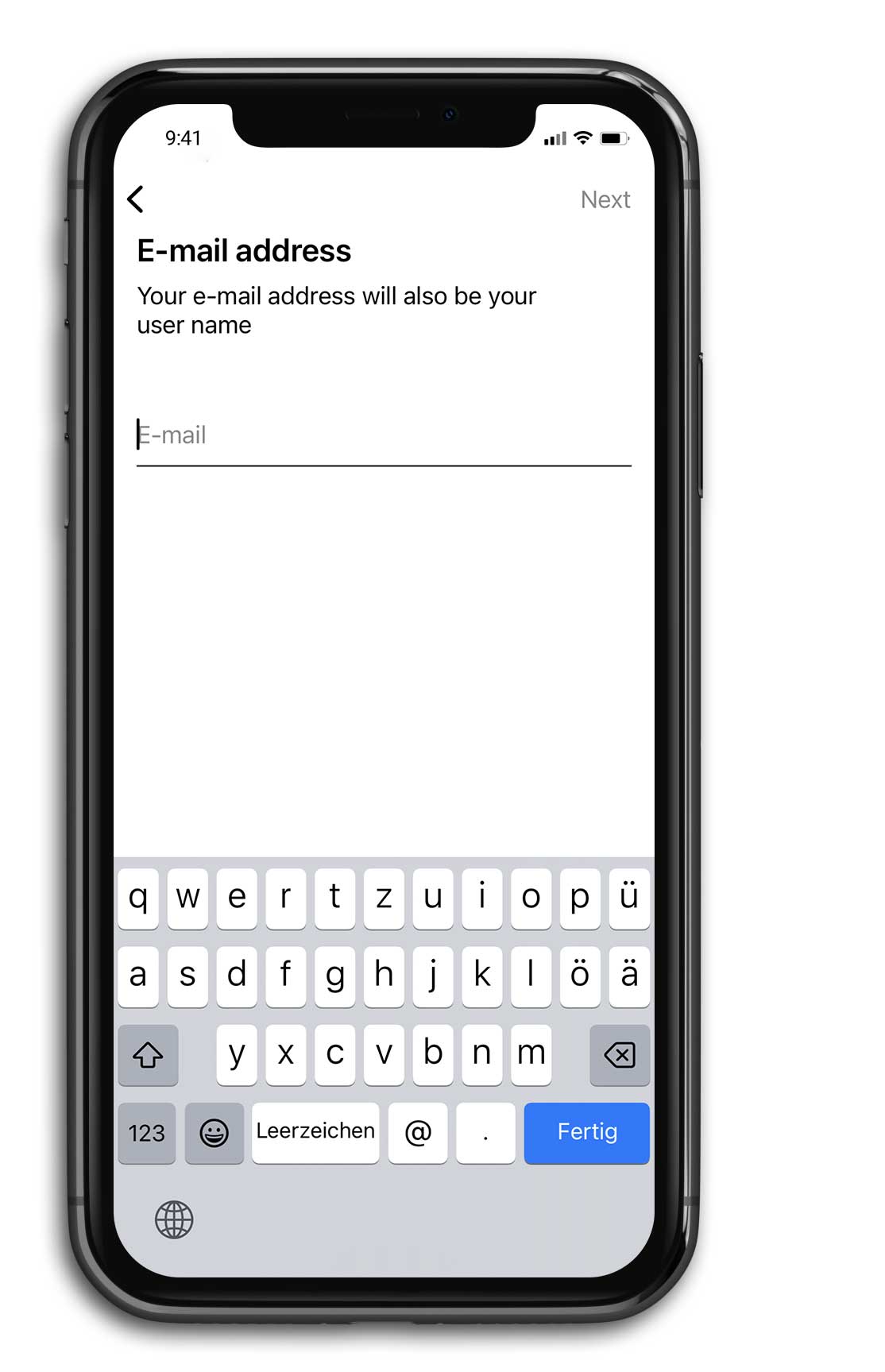 Mobile phone screen with entering the e-mail address