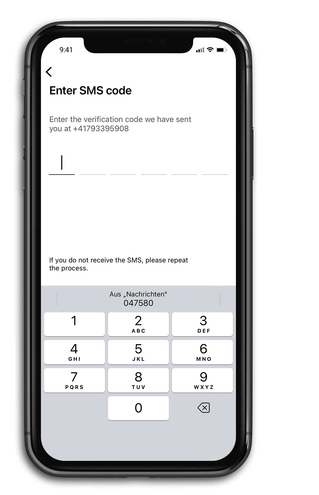 Mobile phone with screen to enter the sms code