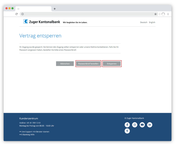 Vertrag entsperren und Passwortbrief bestellen Vertrag entsperren und Passwortbrief bestellen