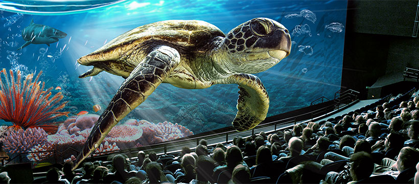 Verkehrshaus-Lido Kinosaal mit Menschen und einer grossen Schildkröte