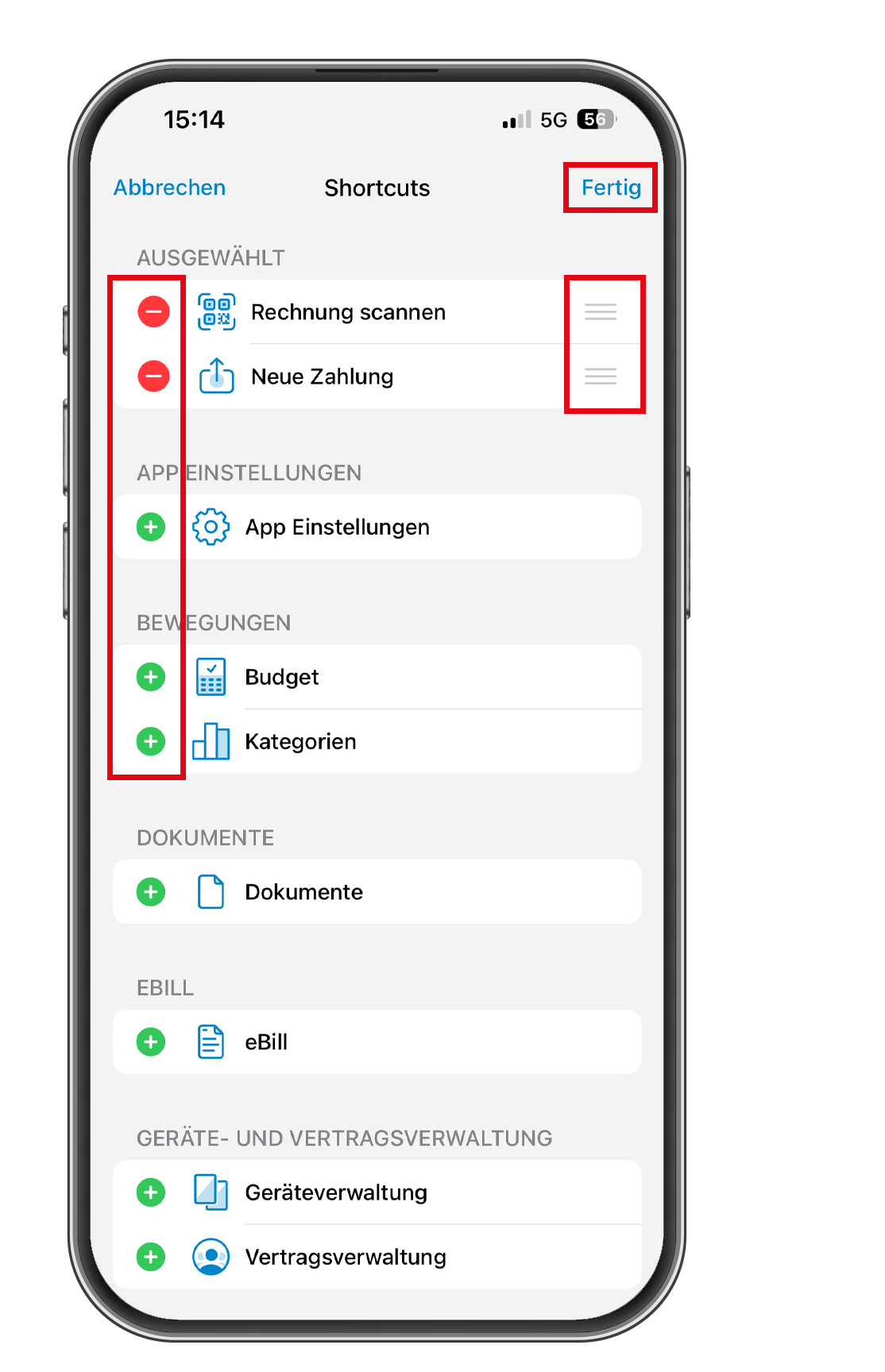 Shortcuts auswählen und sortieren